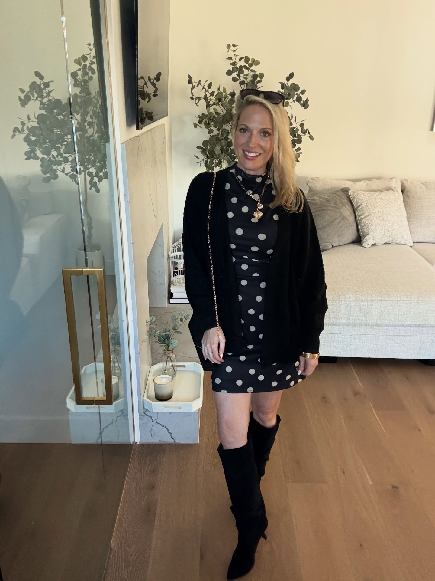 Polka Dots with a Long Cardigan: A Simple Way to Layer a Short Dress